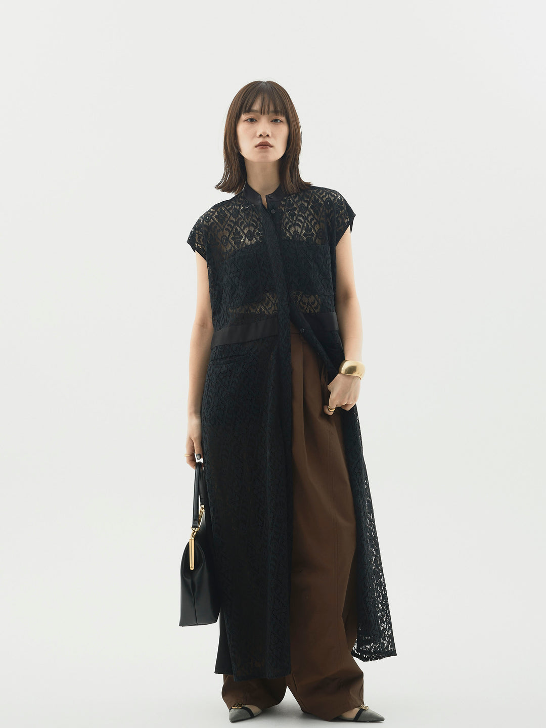 【Allure】[SET]レースサテン切替ワンピース+タフタワイドカーブパンツ(2set)