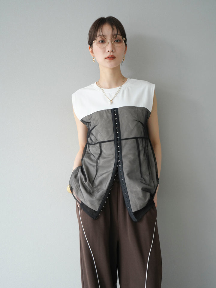 [預訂] 薄紗對接鉤設計剪裁套頭衫/脫下