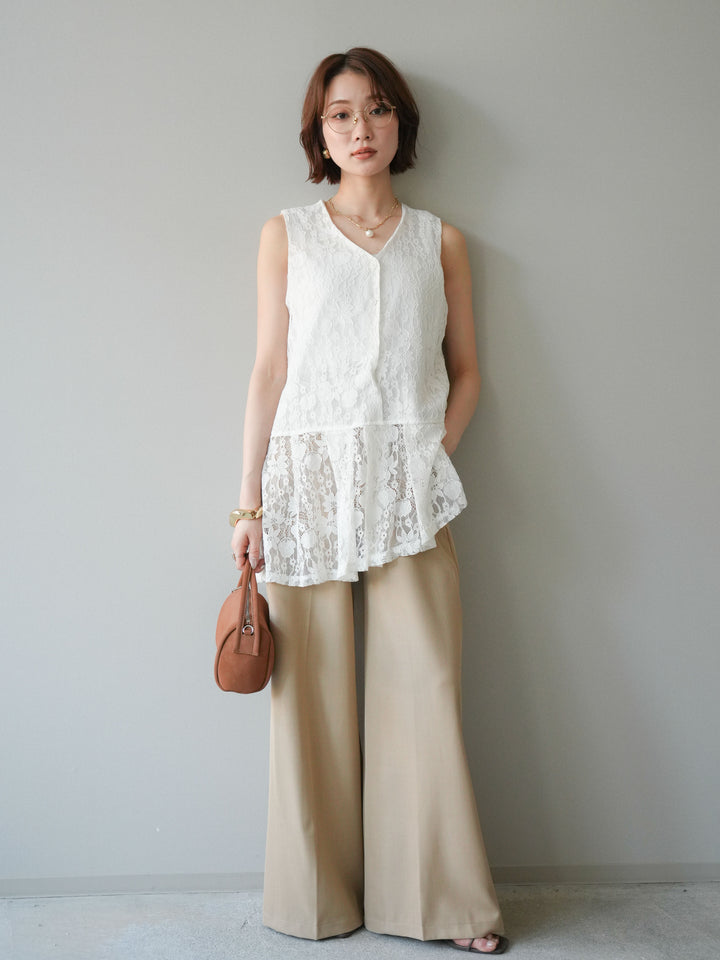 [予約]アシンメトリーレースプリーツベスト/white