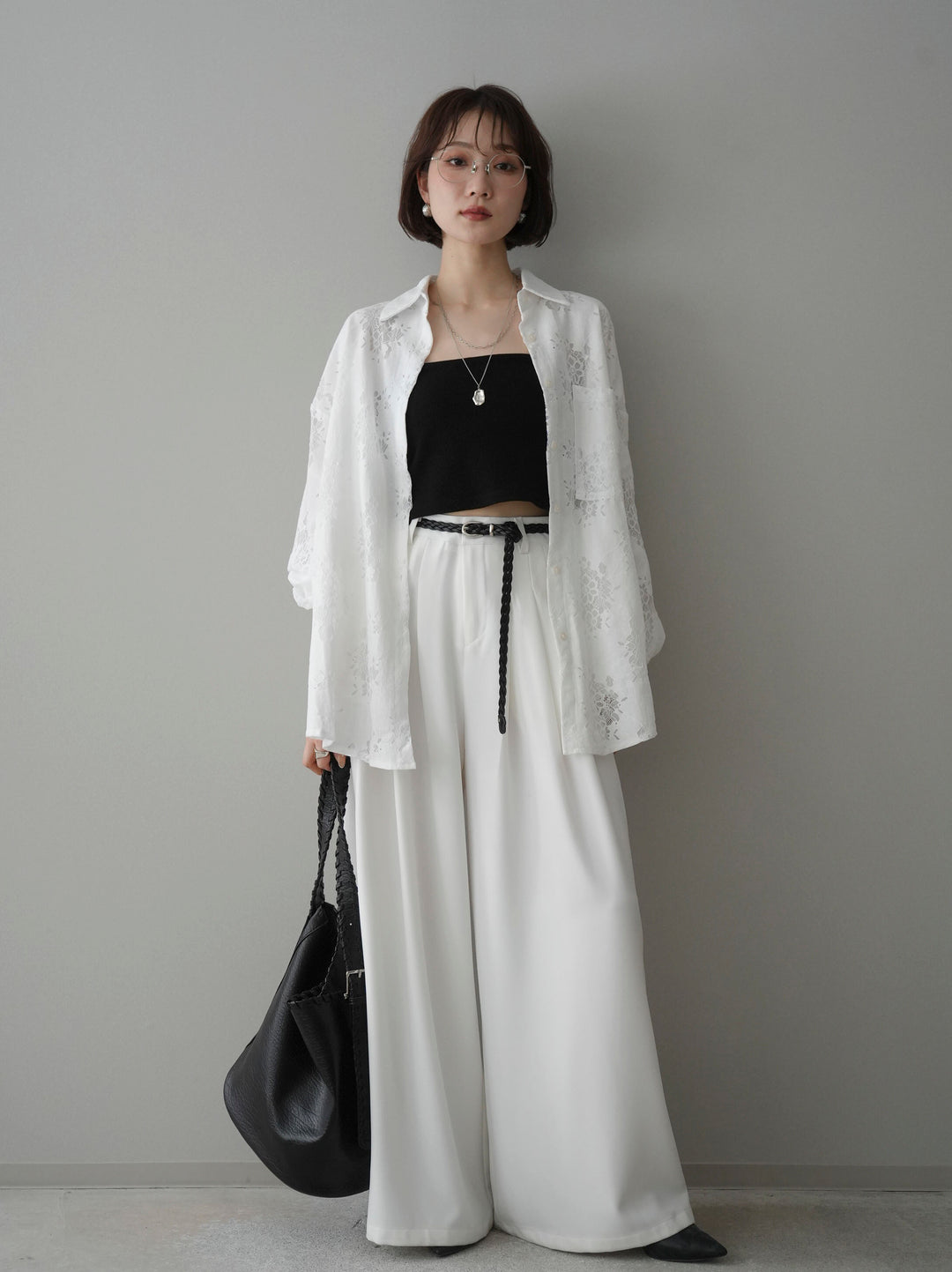 [予約]編み込みベルト付タックワイドパンツ/white