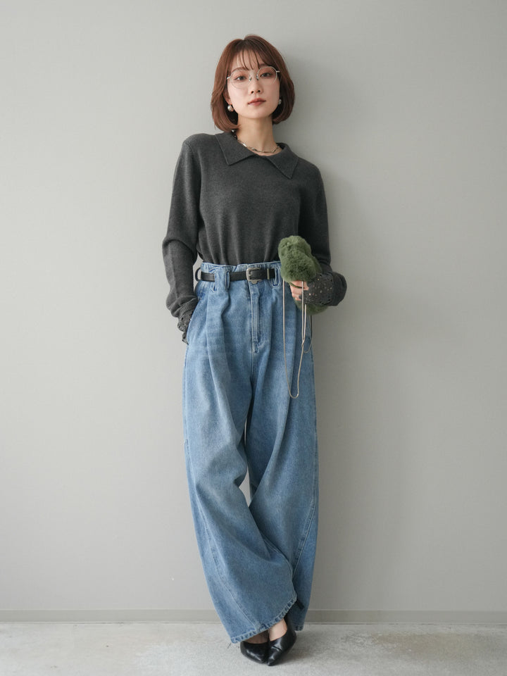 [SET]スカラップレース袖襟付きニットトップス+選べるアクセセット(2set)