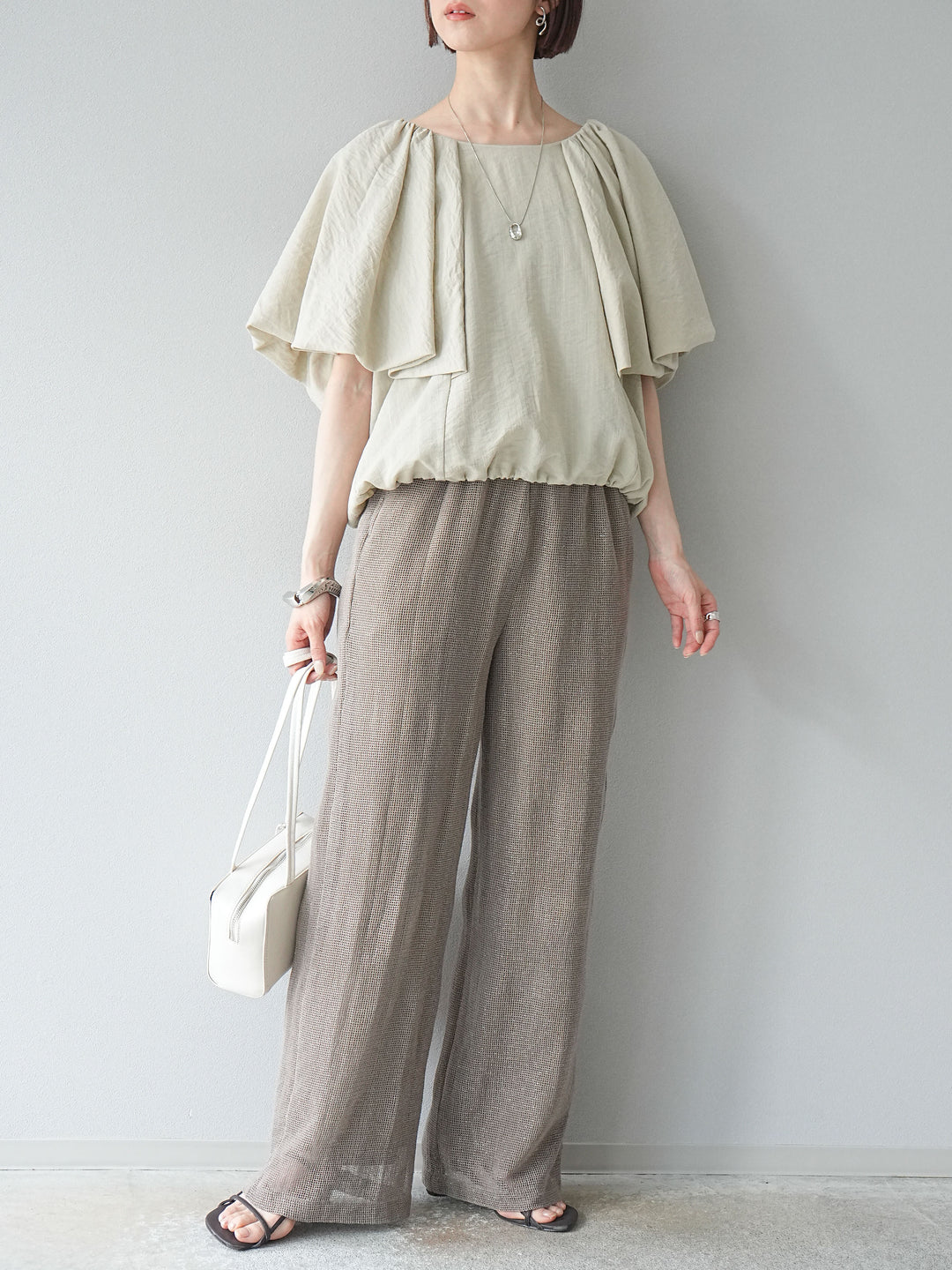 [預購] 棉金銀絲網眼休閒褲/米色