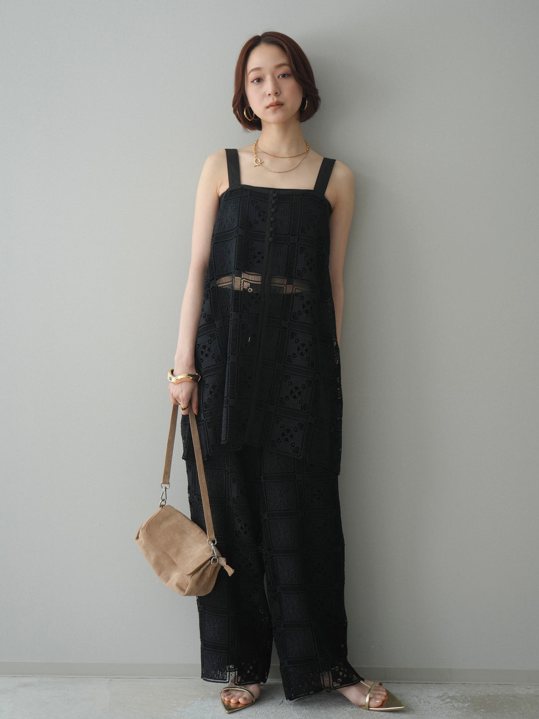 [SET]配色パネルレースキャミソール+パネルレースイージーパンツ(2set)