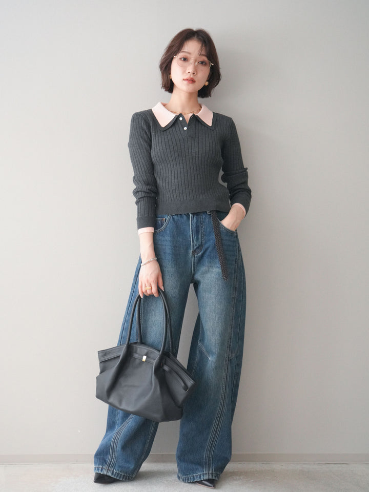 [SET]ダブル襟ポロリブニットトップス+ダブル襟ポロリブニットトップス(2set)