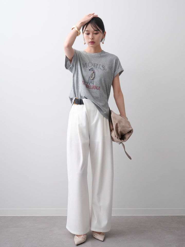 [SET]ドッグエンブロイダリーTEE+アシンメトリーベルトタックワイドパンツ(2set)