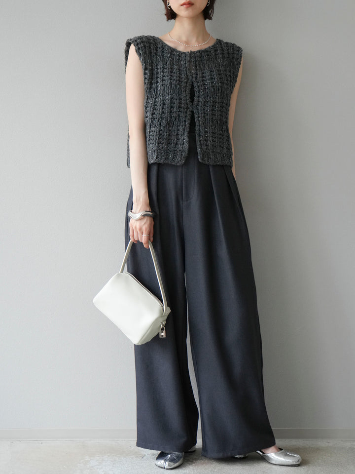 [予約]レザーパイピングタックワイドパンツ/グレー
