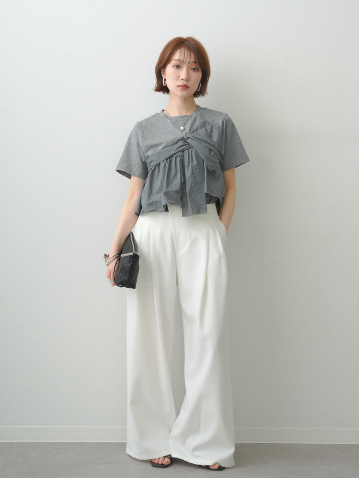 [SET]ナイロンドッキングツイストTEE +アシンメトリーベルトタックワイドパンツ(2set)