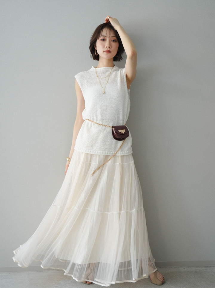 [予約]ラメプリーツレイヤードチュールロングスカート/ivory