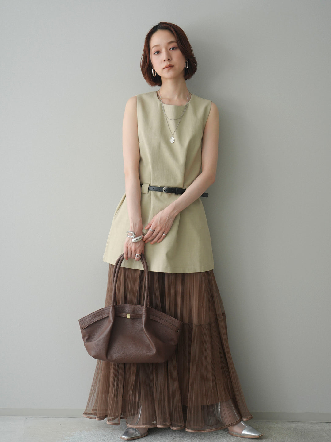 [SET]ベルト付リネンライクノースリチュニック+ラメプリーツレイヤードチュールロングスカート(2set)