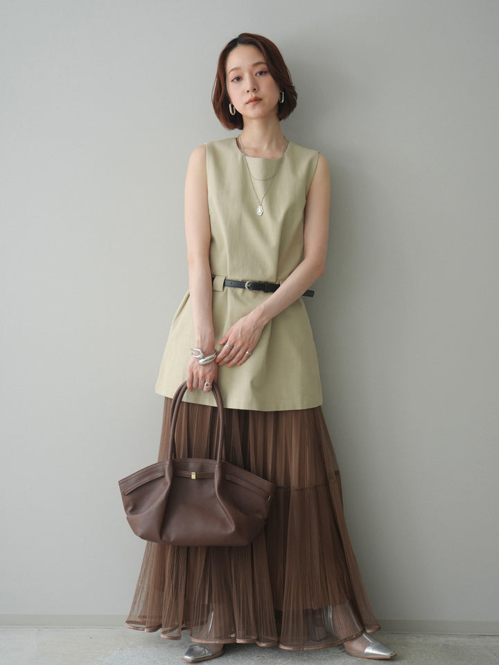 [SET]ベルト付リネンライクノースリチュニック+ラメプリーツレイヤードチュールロングスカート(2set)