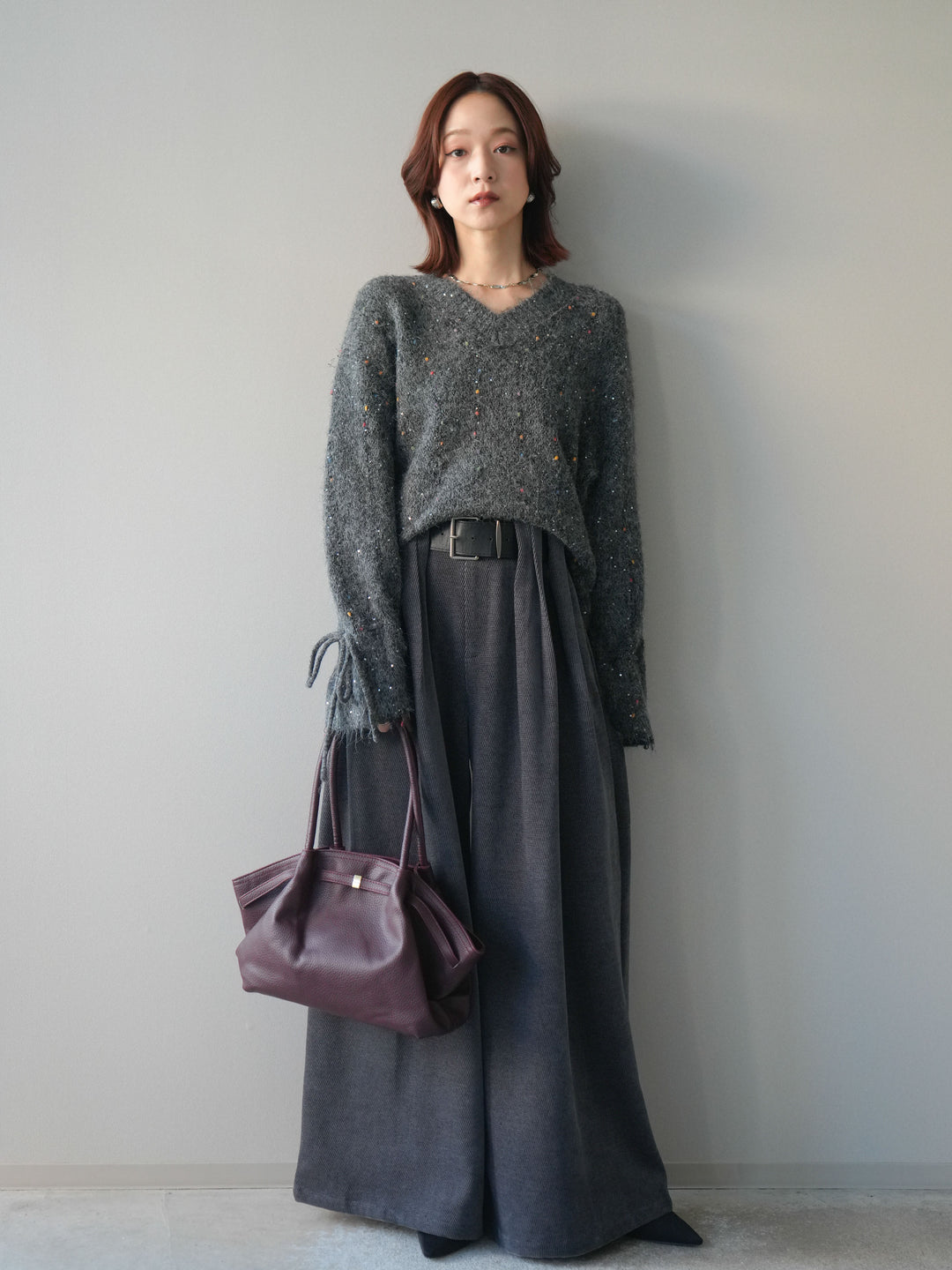 [予約]ベルトデザインループコールテンワイドパンツ(ベルト付き)/charcoal