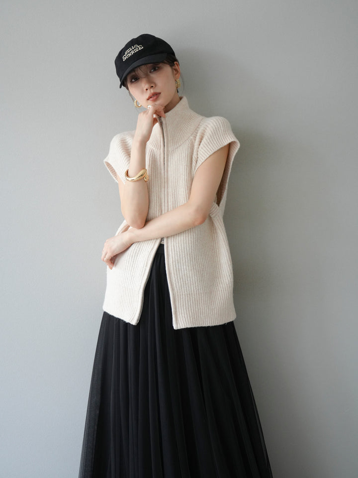 [予約]ダブルZIPハイネック畦編みニットベスト/オートミール
