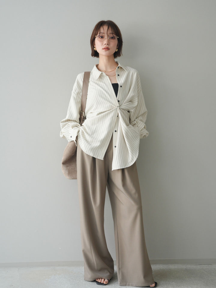 [SET]2WAYカシュクールストライプブラウス+ベルト付キーホルダーモチーフワイドパンツ(2set)
