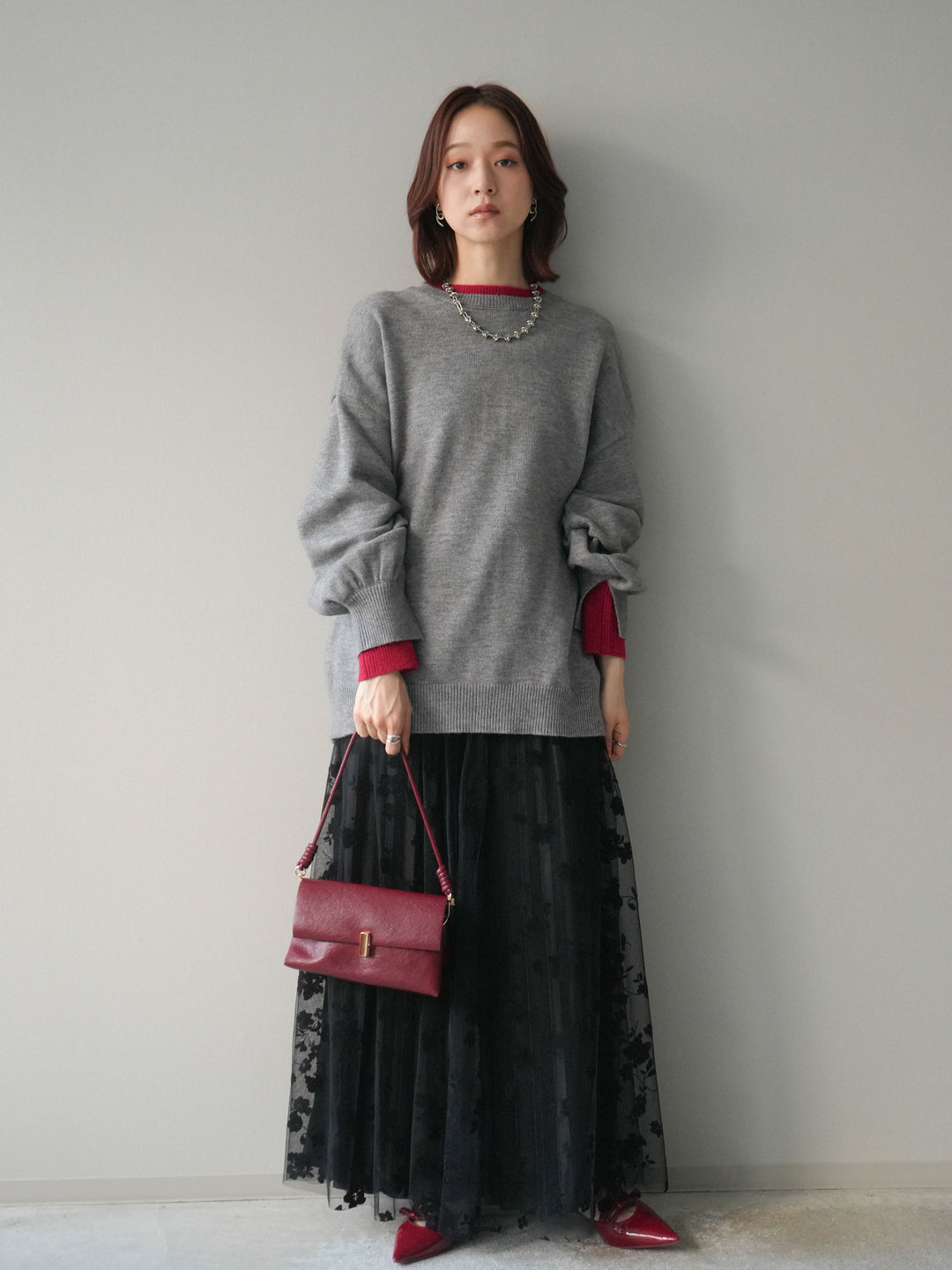 [SET]ヘンリーネック配色レイヤードニットプルオーバー+フラワーフロッキーチュールプリーツスカート(2set)