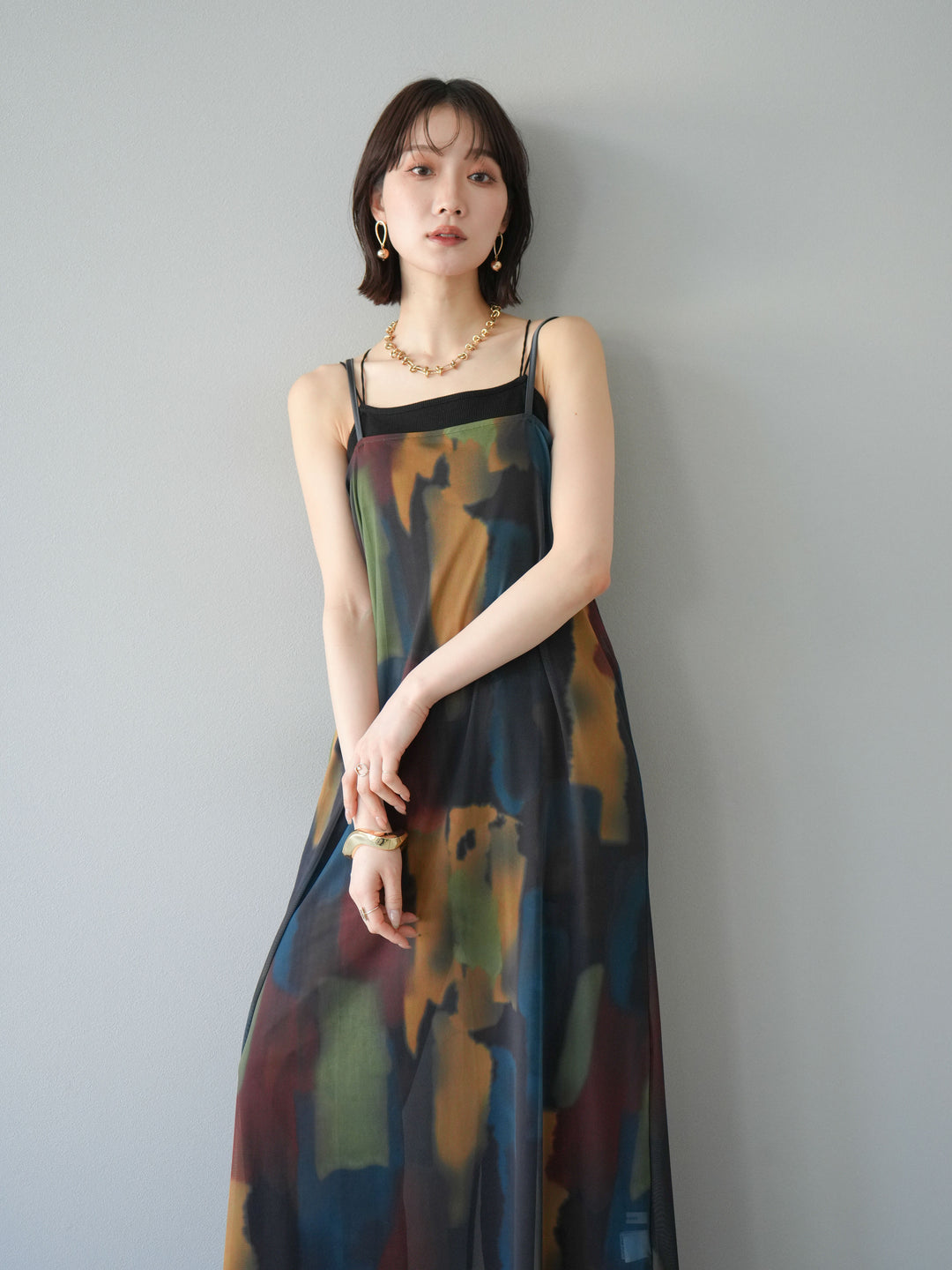 [予約]水彩アートシアーキャミワンピース/チャコール