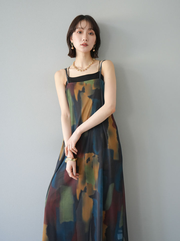 [予約]水彩アートシアーキャミワンピース/チャコール