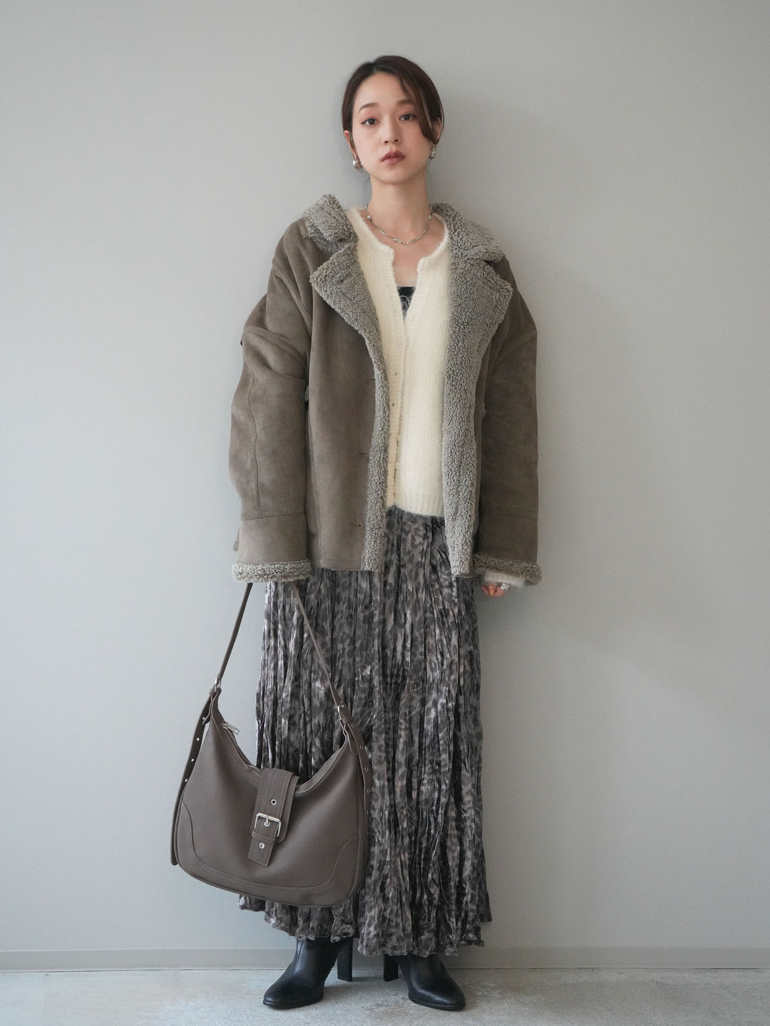 [予約]レオパードベロアワッシャーロングスカート/gray