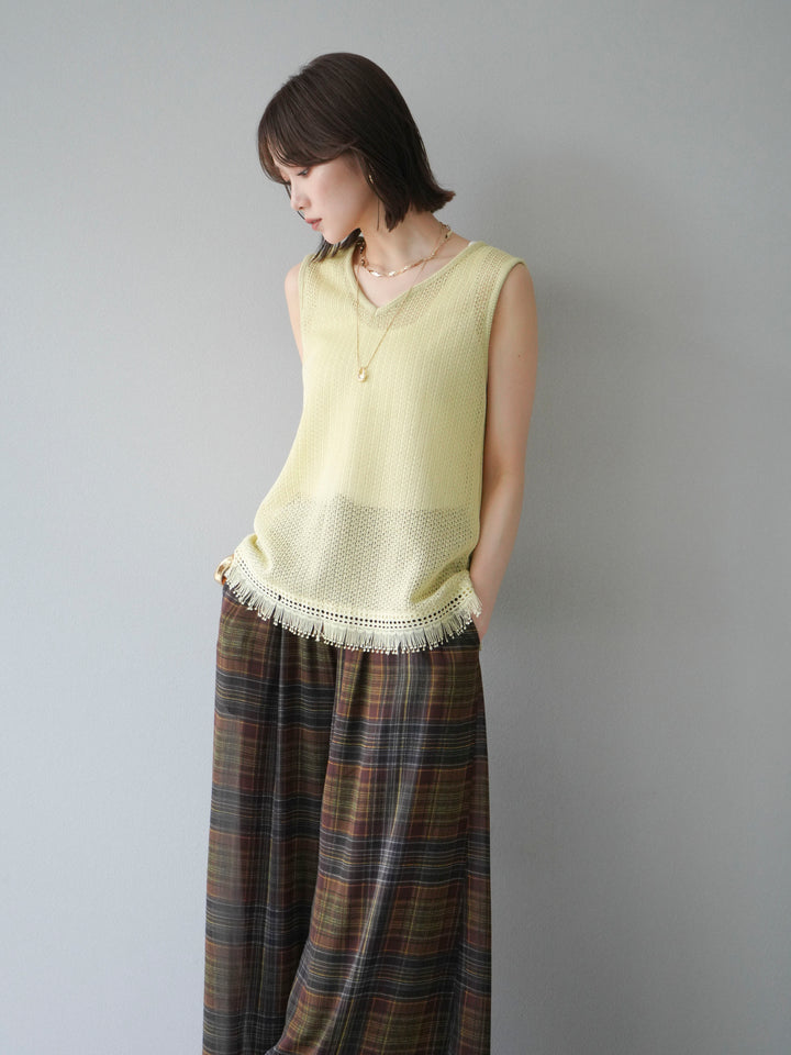 [予約]裾フリンジVネックニットタンクトップアンサンブル/イエロー