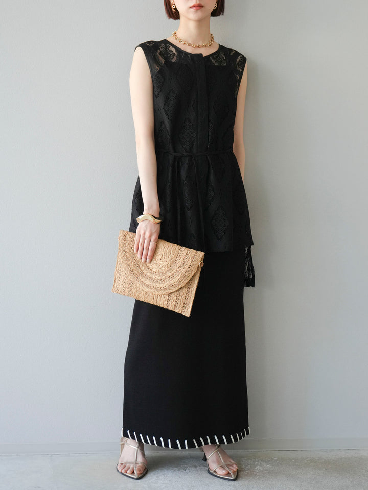 【預購】亞麻質感手縫針織緊身裙/黑色