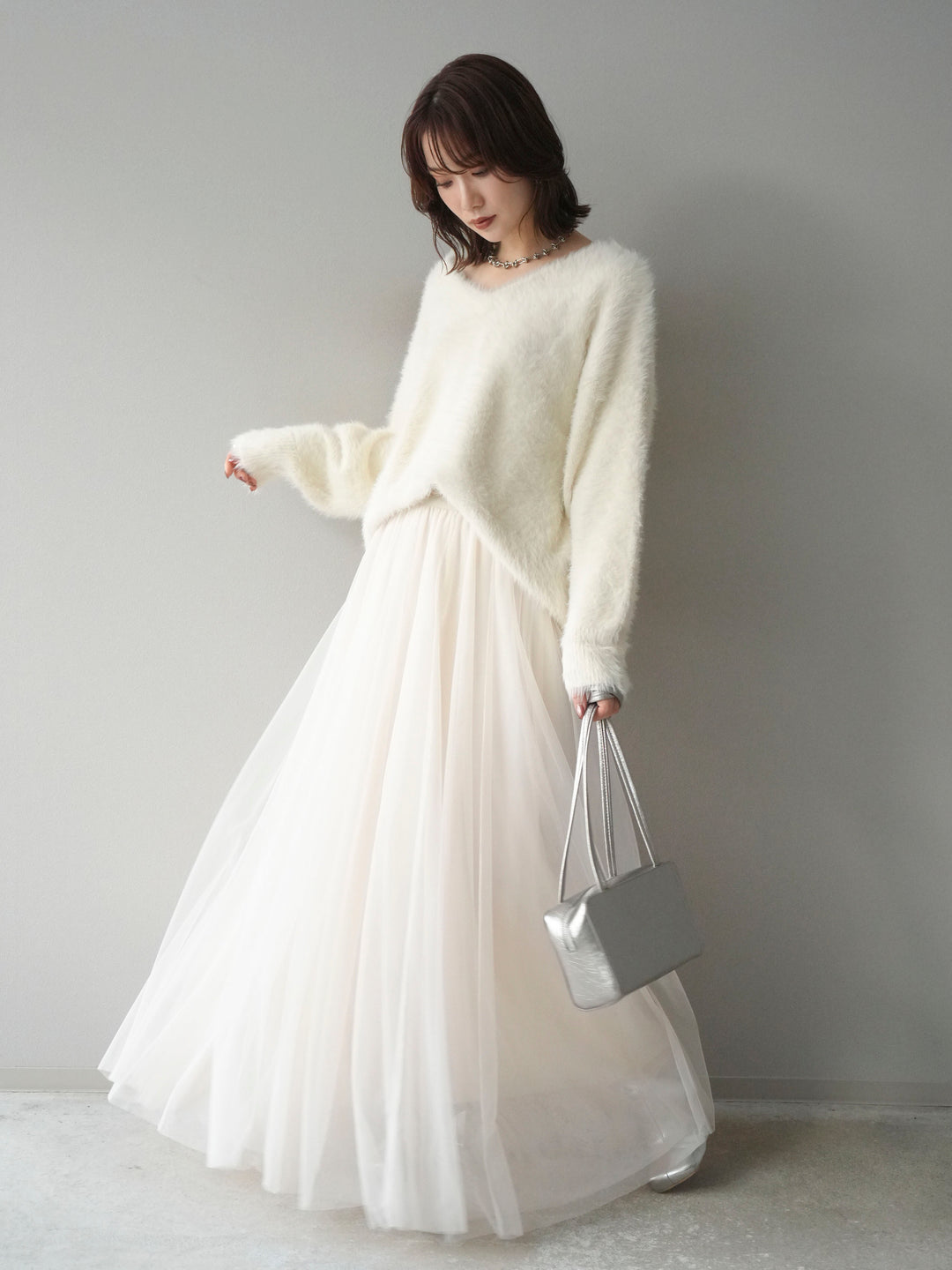 [予約]バックリボンVネックシャギーニットプルオーバー/ivory