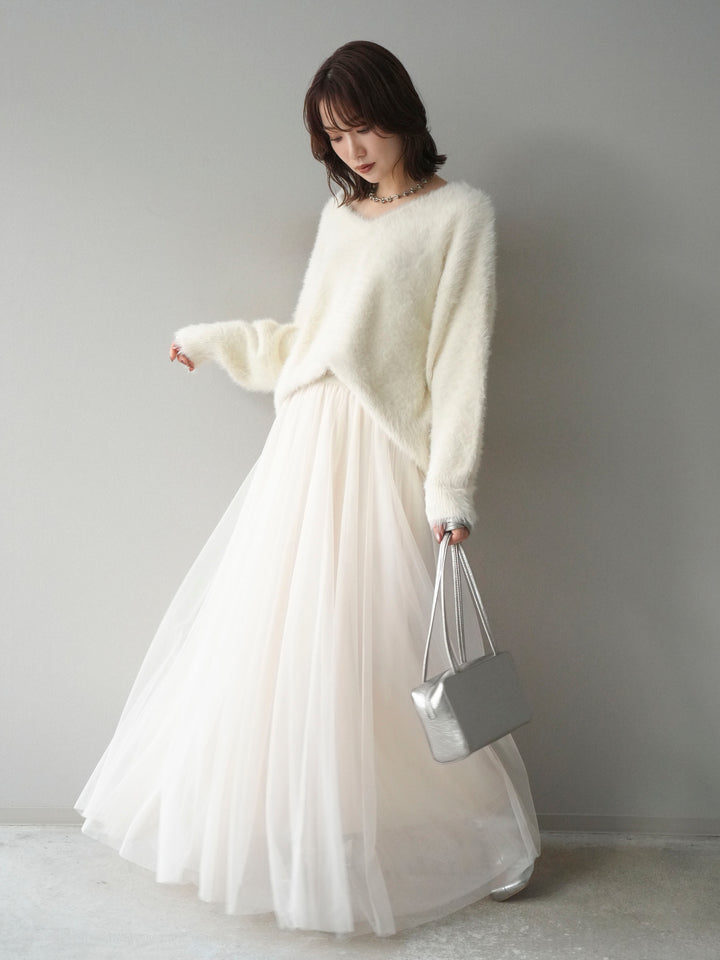 [予約]バックリボンVネックシャギーニットプルオーバー/ivory