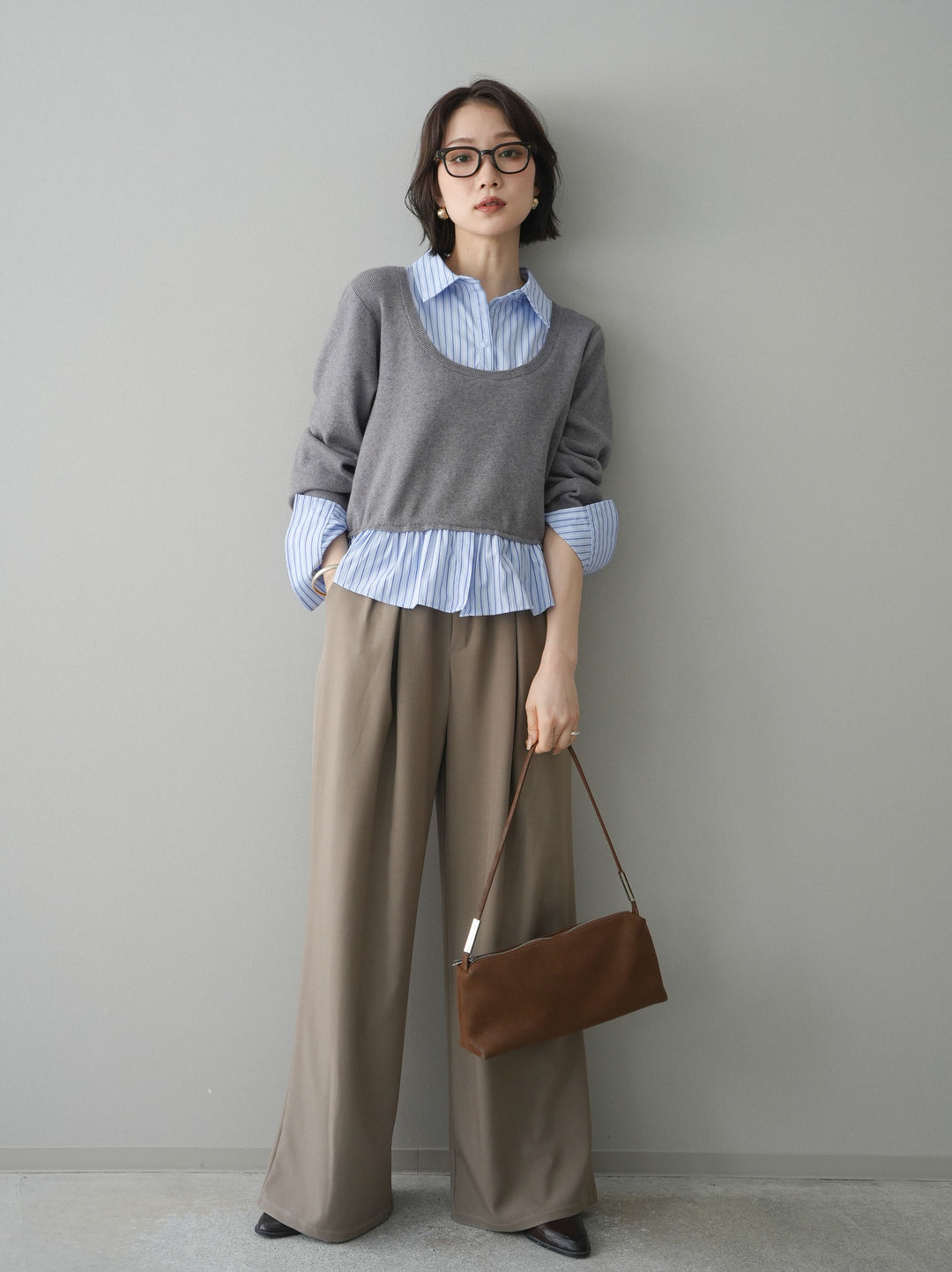 [予約]ストライプシャツUネックドッキングニットプルオーバー/graybluestripeA