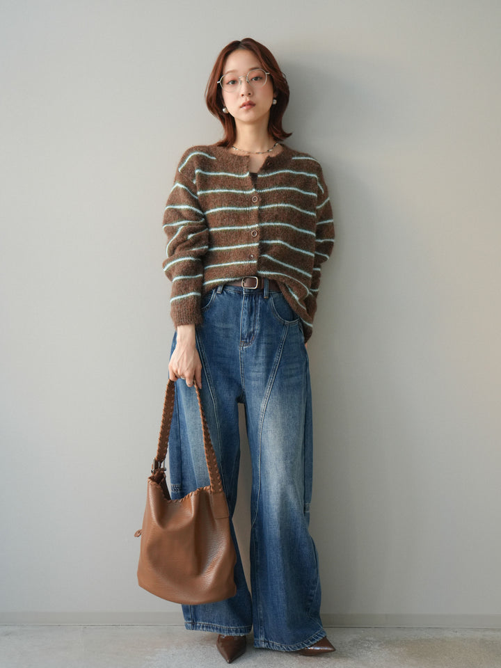 [予約]ボーダーシャギーニットカーディガン/brown