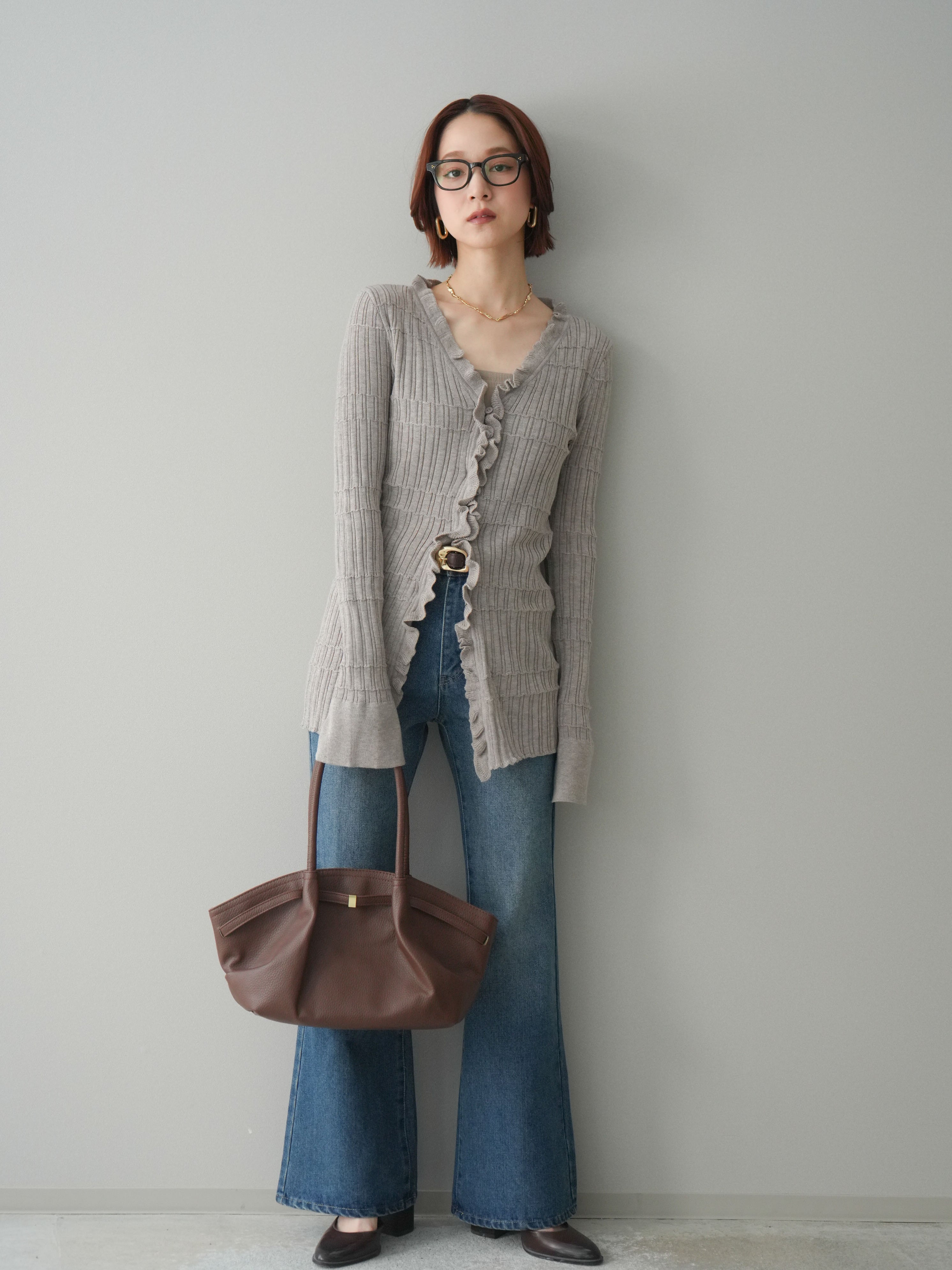 lumier [SET]ニットカーディガン+フレアデニムパンツ SET]フロントフリルリブニットカーディガン+フレアデニムパンツ(2set