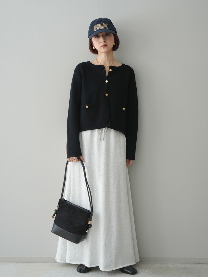 [予約]ゴールドボタンノーカラーニットジャケット/black