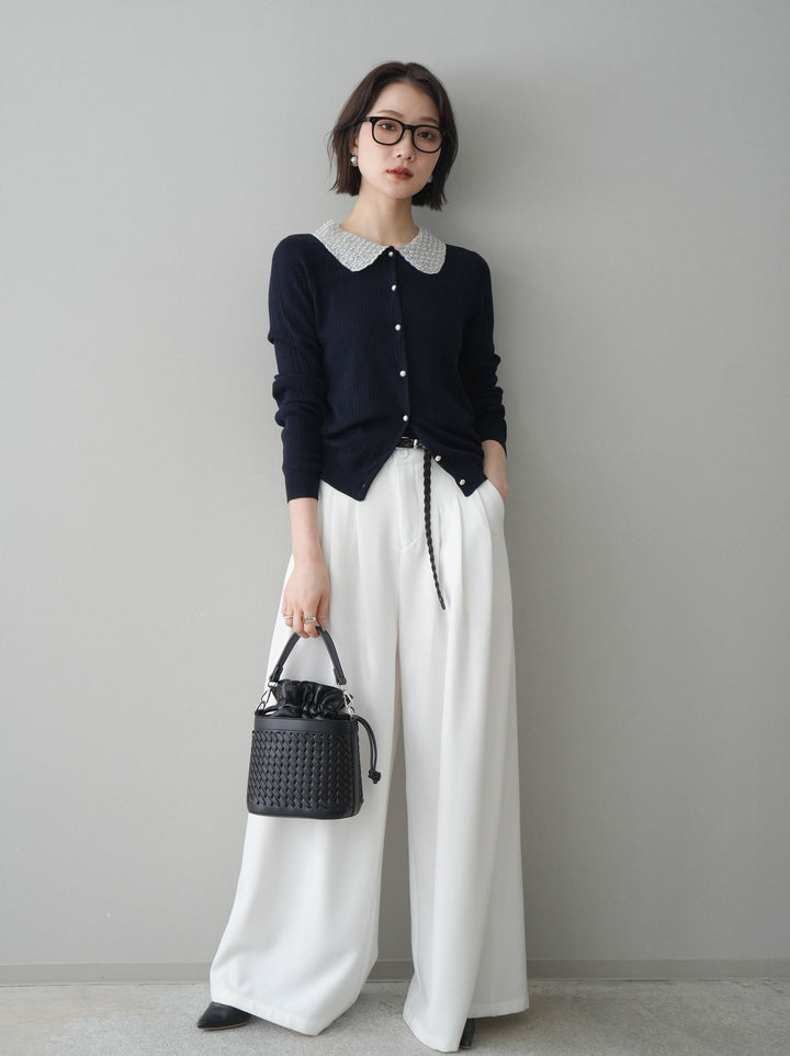 [SET]ビジュー襟パールボタンニットカーディガン+編み込みベルト付タックワイドパンツ(2set)
