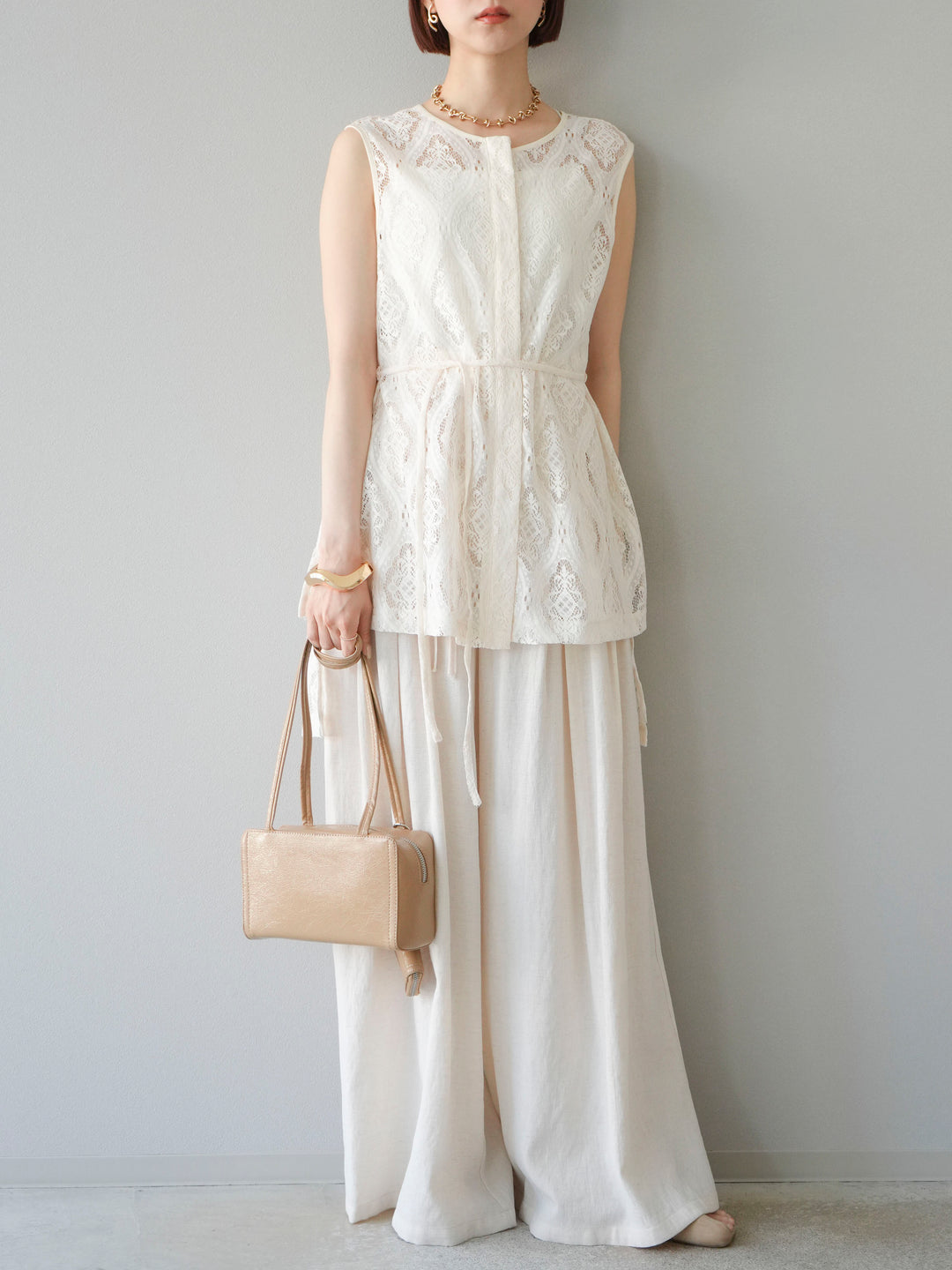 【預購】仿亞麻雙褶設計寬褲/象牙白