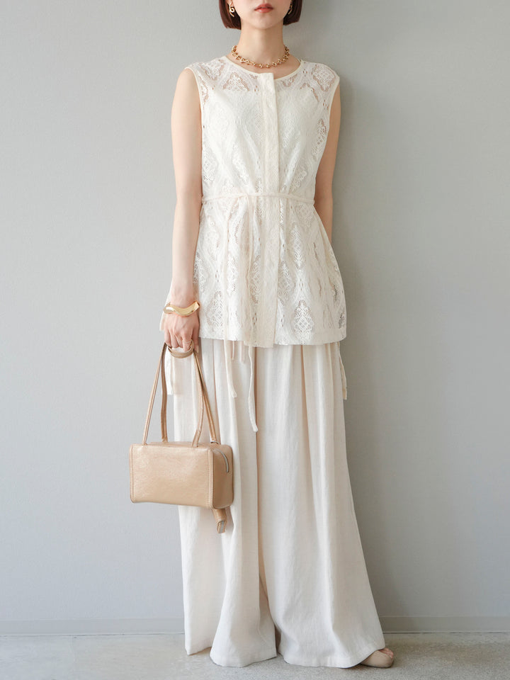 【預購】仿亞麻雙褶設計寬褲/象牙白