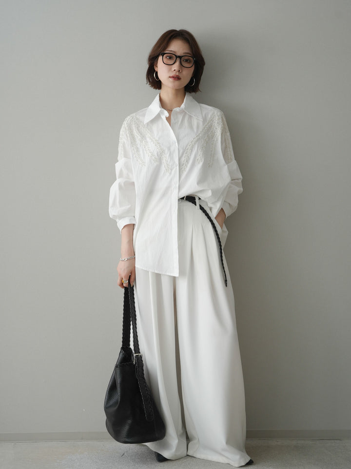 [予約]編み込みベルト付タックワイドパンツ/white