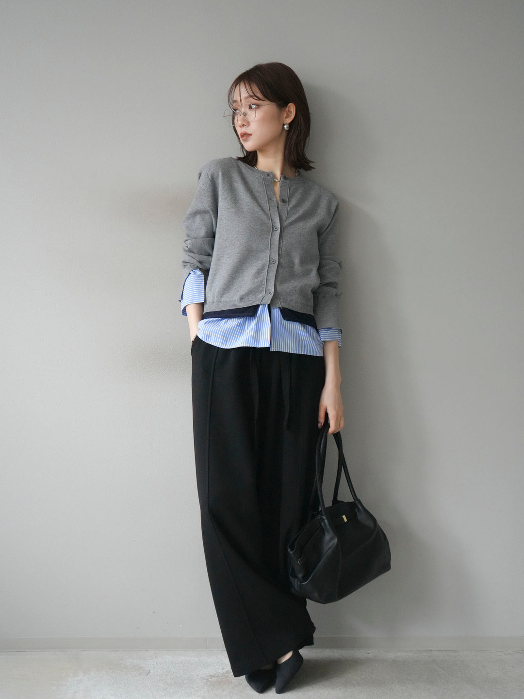 [SET]シャツ襟レイヤードニットカーディガン+ベルト付スウェットワイドパンツ(2set)