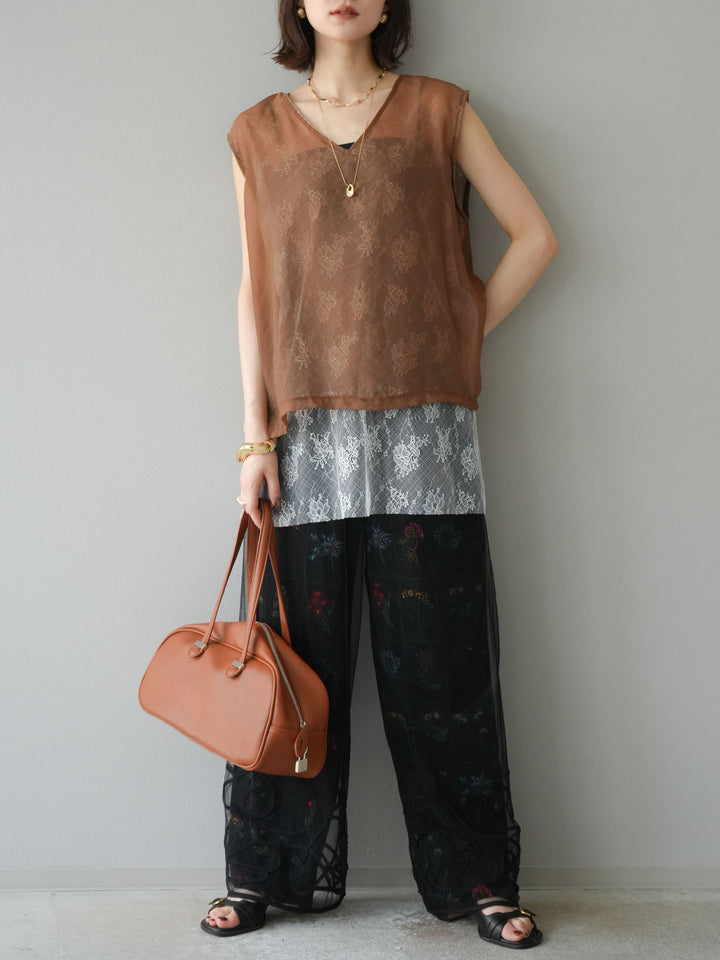 [予約]パッチワークフラワープリントイージーパンツ/ブラック