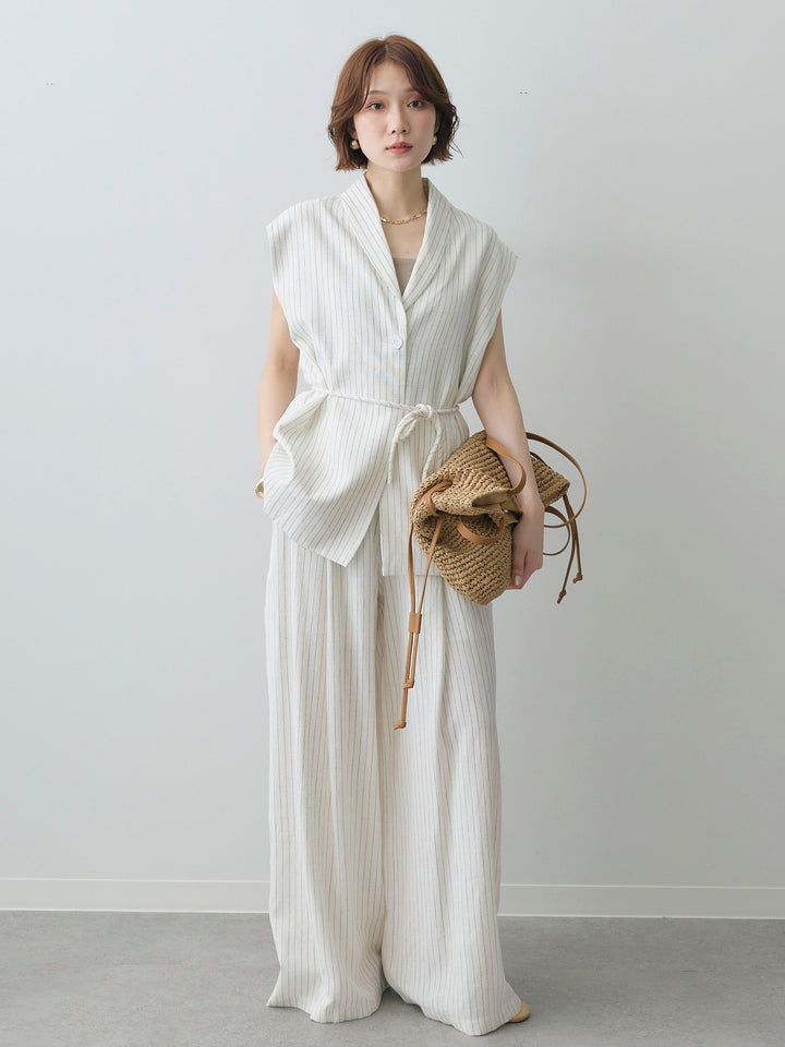 [SET]ピンストライプノースリジレ＆タックワイドパンツSET UP(2SET)