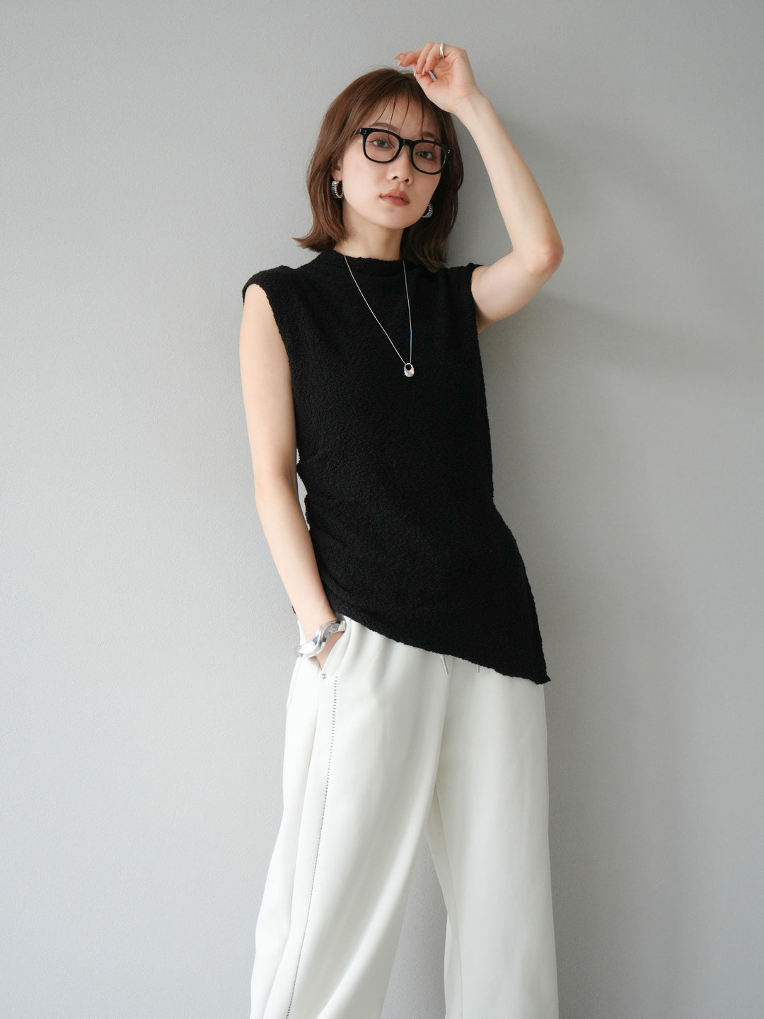 [予約]ブークレアシメニットノースリーブトップス/ブラック