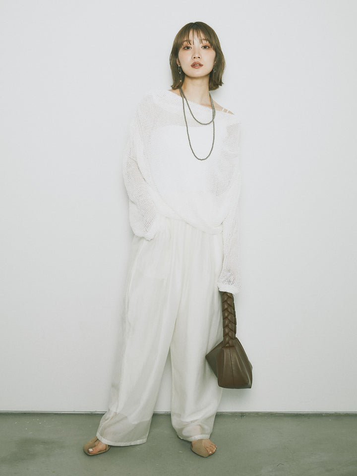 [SET] 後背垂墜網眼套頭衫 + 透明萊賽爾三折寬褲 (2 套)