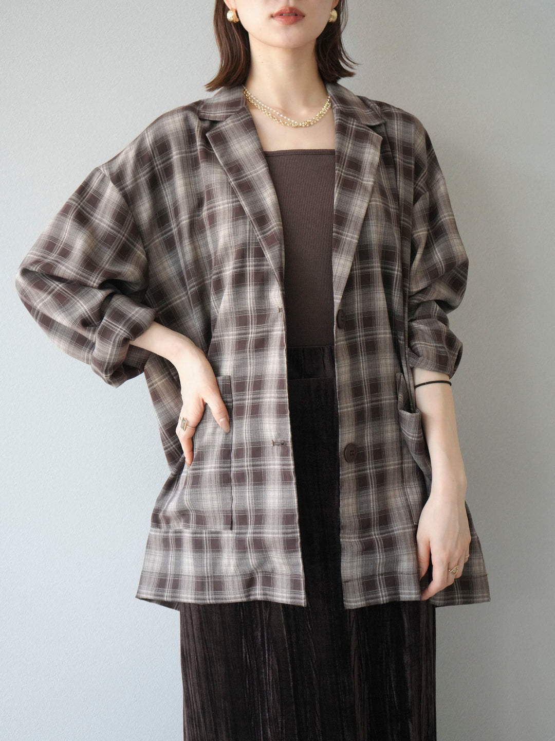 [予約]チェックシャツジャケット/ブラウン
