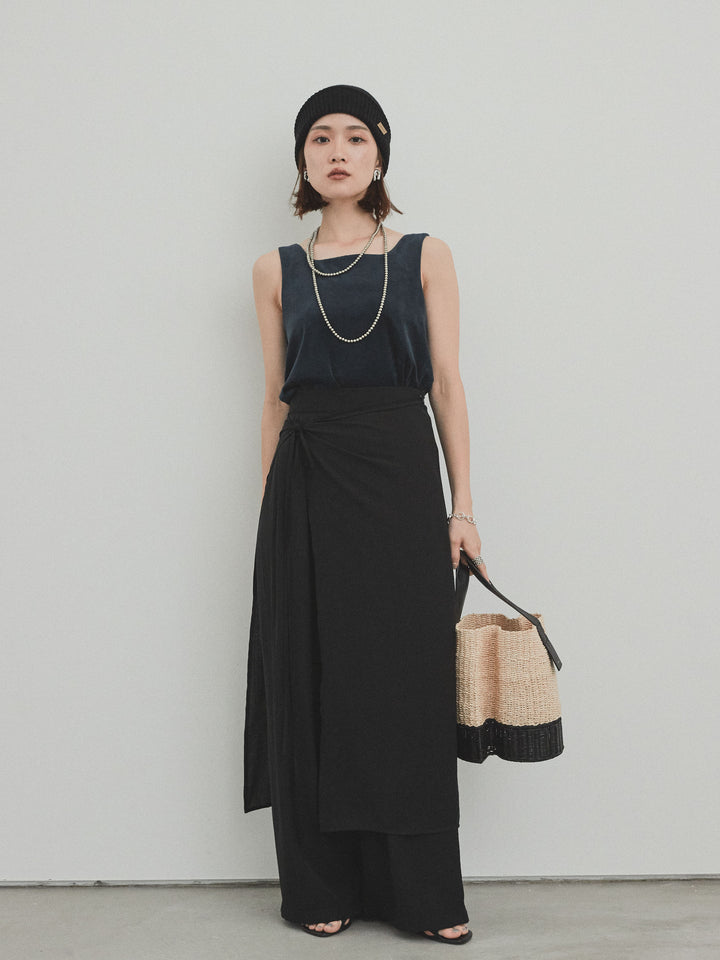 [SET]スクエアベロアタンクトップ+ワッシャーサテンレイヤードスカートパンツ(2set)
