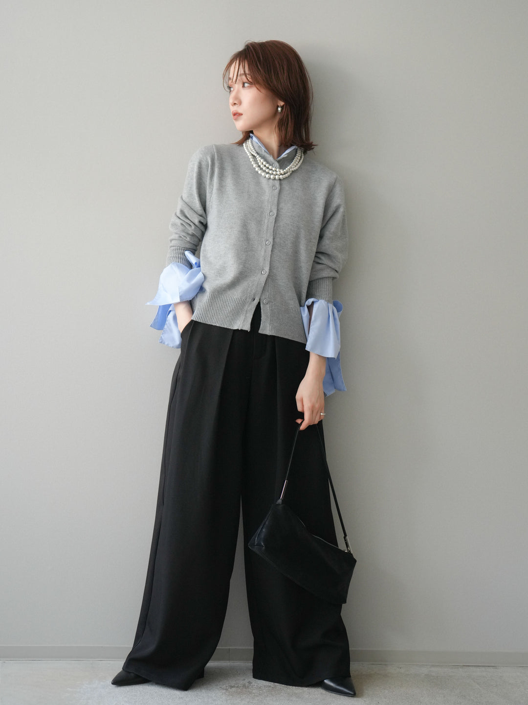 [予約]ウールライクリボンシャツカーディガン/gray