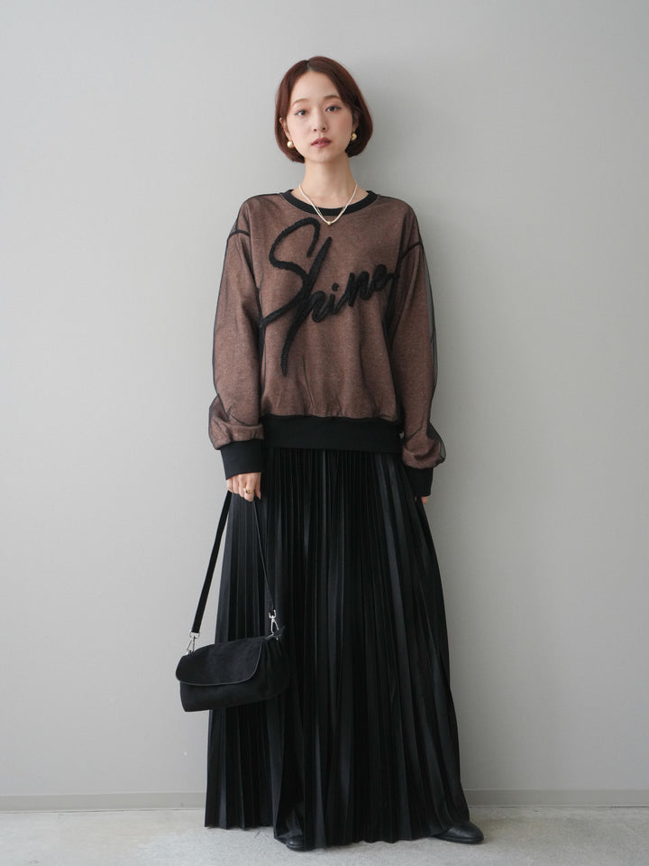 [SET]チュールレイヤードロゴスエットプルオーバー+サテンプリーツマキシスカート(2set)