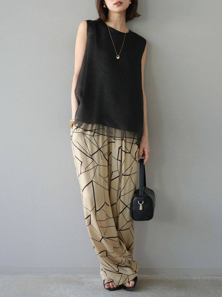 [予約]ビスコースサテンプリントタックイージーパンツ/ベージュ
