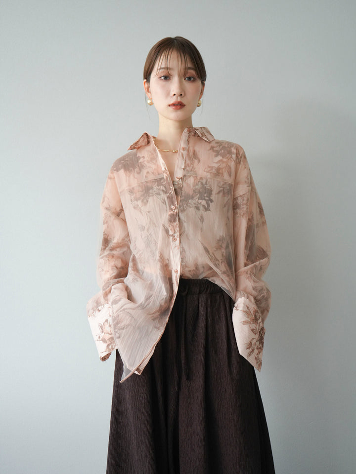 [予約]チュールドッキングフラワー柄オーバーサイズシャツ/ブラウン