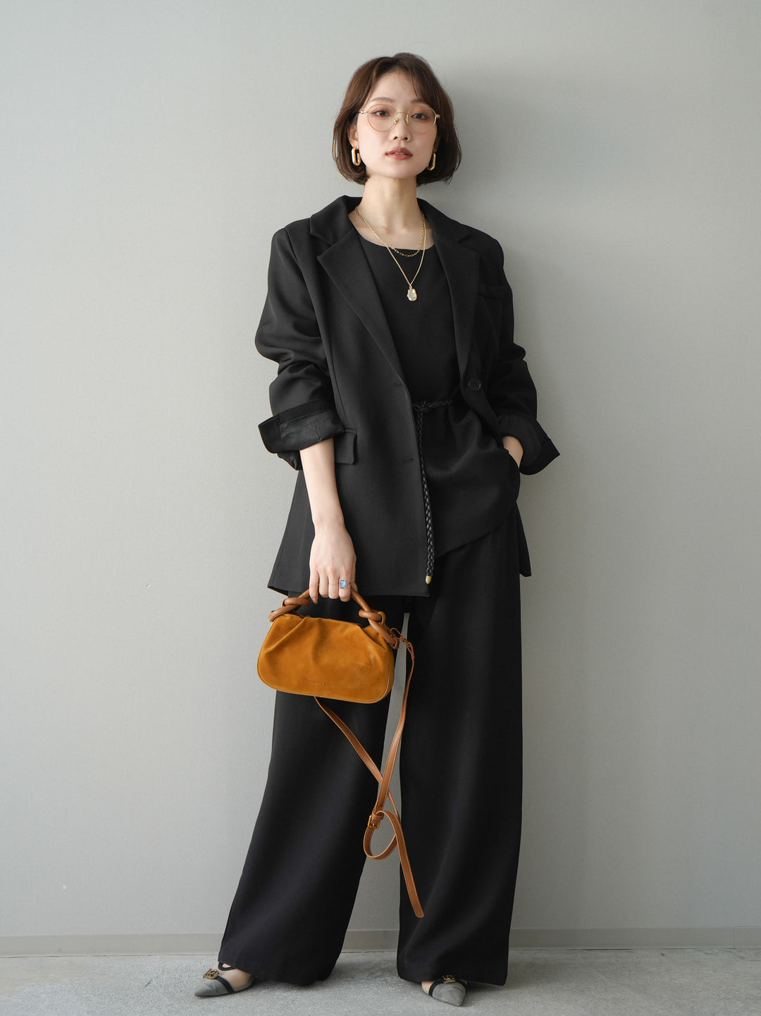 [SET]ベルト付ノースリーブトップス＆ワイドパンツSETUP+バックスリットデザインジャケット(2set)