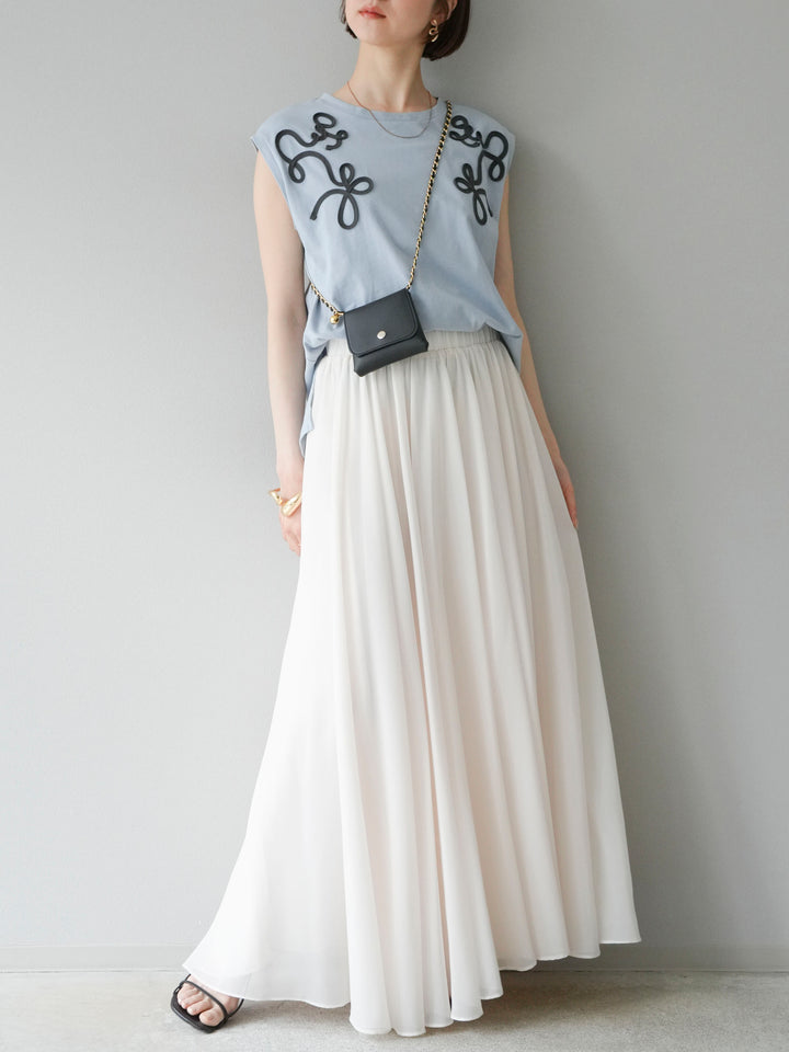 [SET] 繩繡法式袖T卹+雪紡喇叭裙（2件組）
