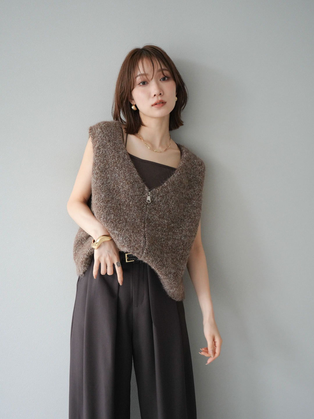 [予約]フロントZIPミックスニットベスト/ブラウン