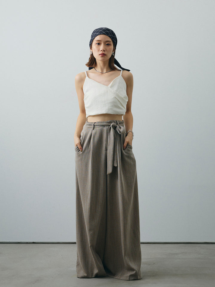 [SET]リネンライクカシュクールデザインビスチェ+リネンライクウエストリボンワイドパンツ(2set)