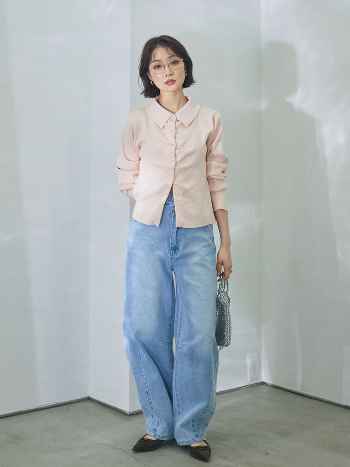 【Allure】[SET]襟付きギャザーニットカーディガン+アシメカーブデニムパンツ(2set)