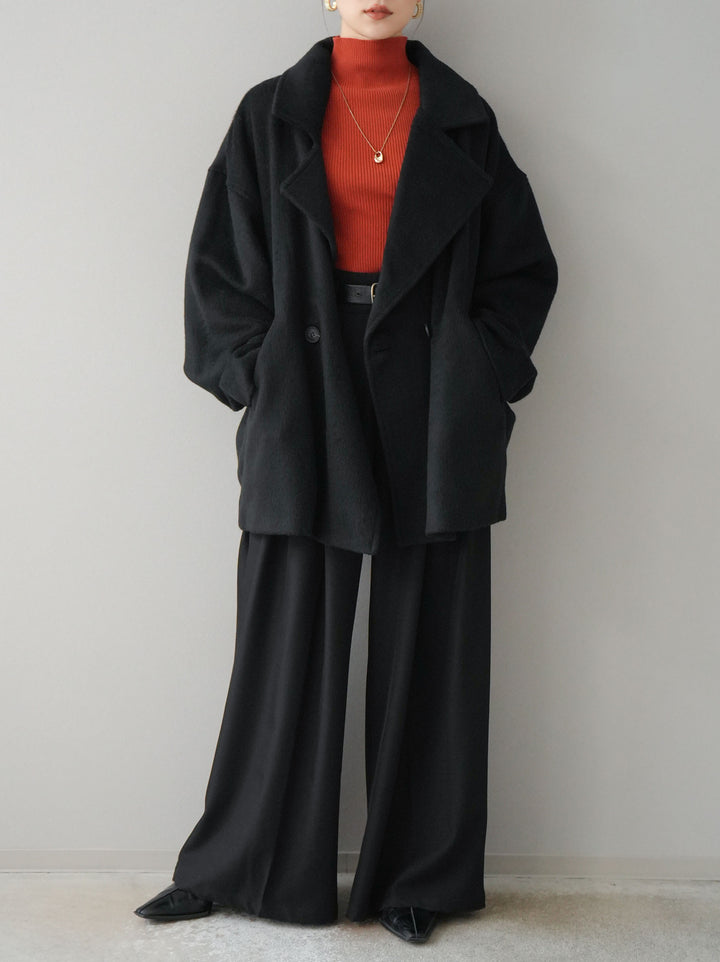 [SET]フェイクビーバーミドルコート+袖ボタンハイネックリブニットトップス+ベルト付ウールタッチワイドパンツL(3set)